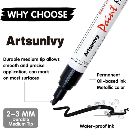Artsunlvy White Paint Pens marking pens Permanent Markers - 2 Pack Oil Based Waterproof Markers for Tire, Rubber,Wood, Rocks, Metal, Canvas,Plastic, Dark Surface,Craft office Supplies,Medium Point