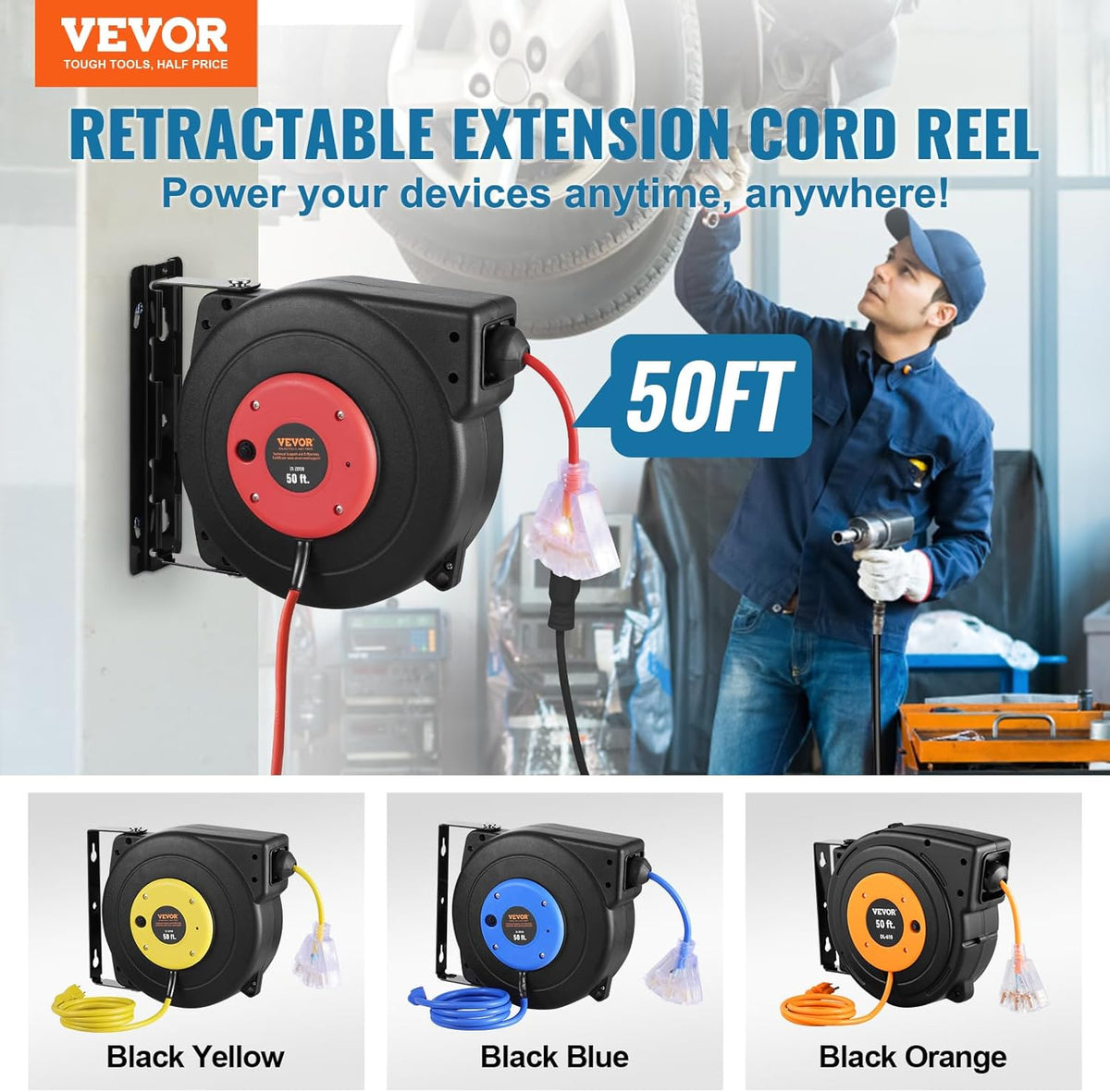 65FT Retractable Extension Cord Reel, Heavy Duty 12AWG/3C SJTOW Cord