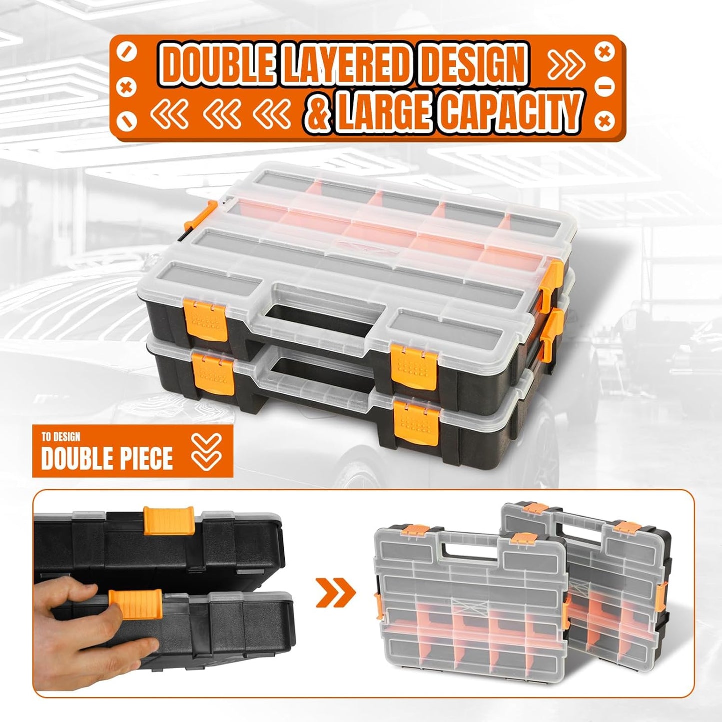 Jack Boss Tool Box with Transparent Lid, Double Side 34-Compartments Organizer Box with Removable Dividers for Hardware, Screws, Bolts, Nails, Beads, Jewelry and Fishing Accessories, Orange, 2 Pack