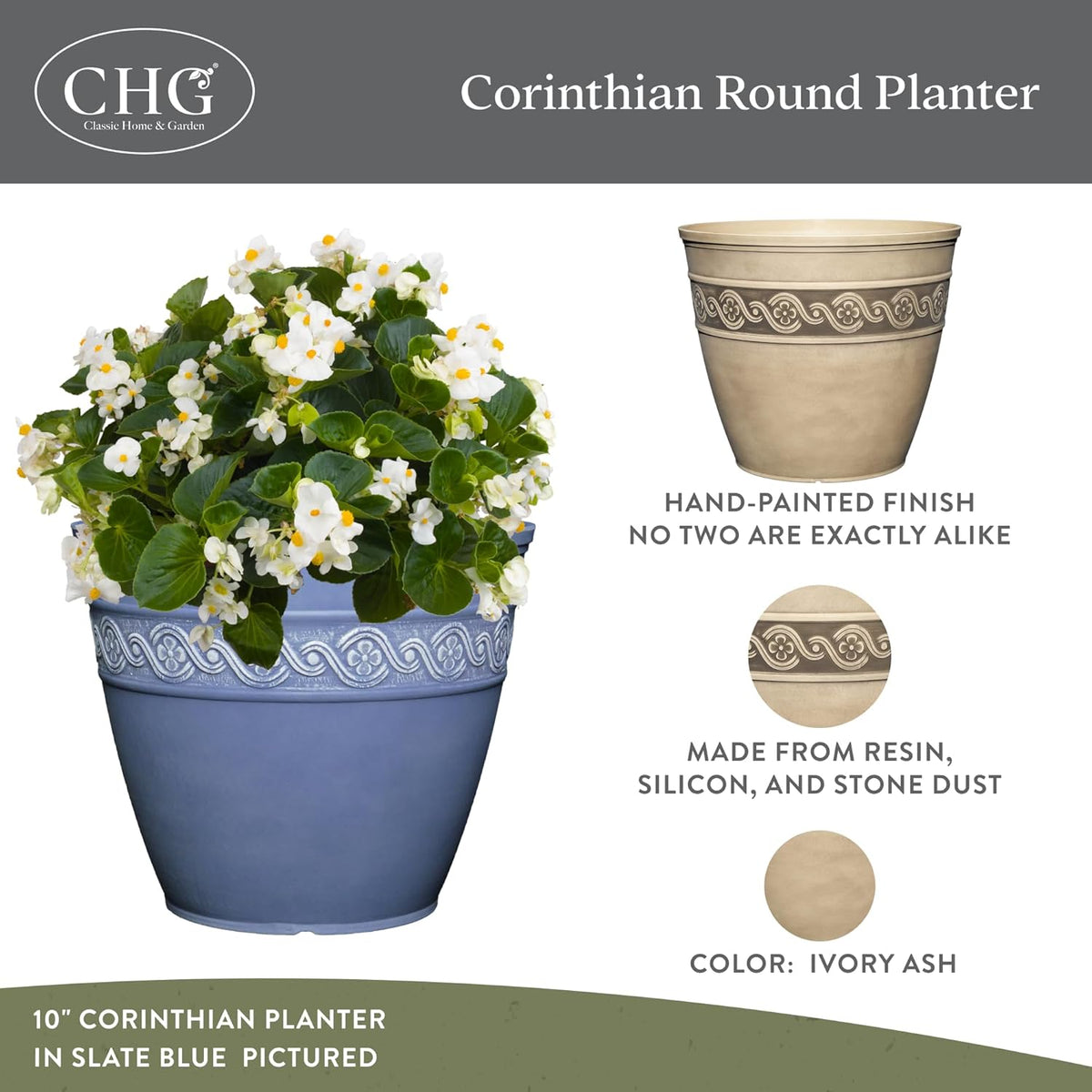 Classic Home and Garden Corinthian Resin Planter Pot - Outdoor & Indoor Plant Pot - Round Planter for Plants & Flowers (10" Storm Gray, Pack of 1)