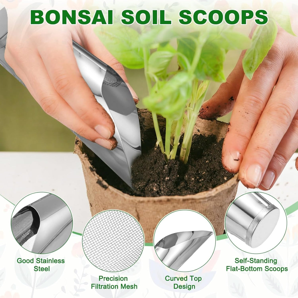 M METERXITY 1-Set Bonsai Soil Scoop, 3 Sizes Stainless Steel Garden Soil Scoops Bucket Shovels Potting Scoopers for Transplanting/Flower Planting, Small Gardening Tools [Silver Tone]