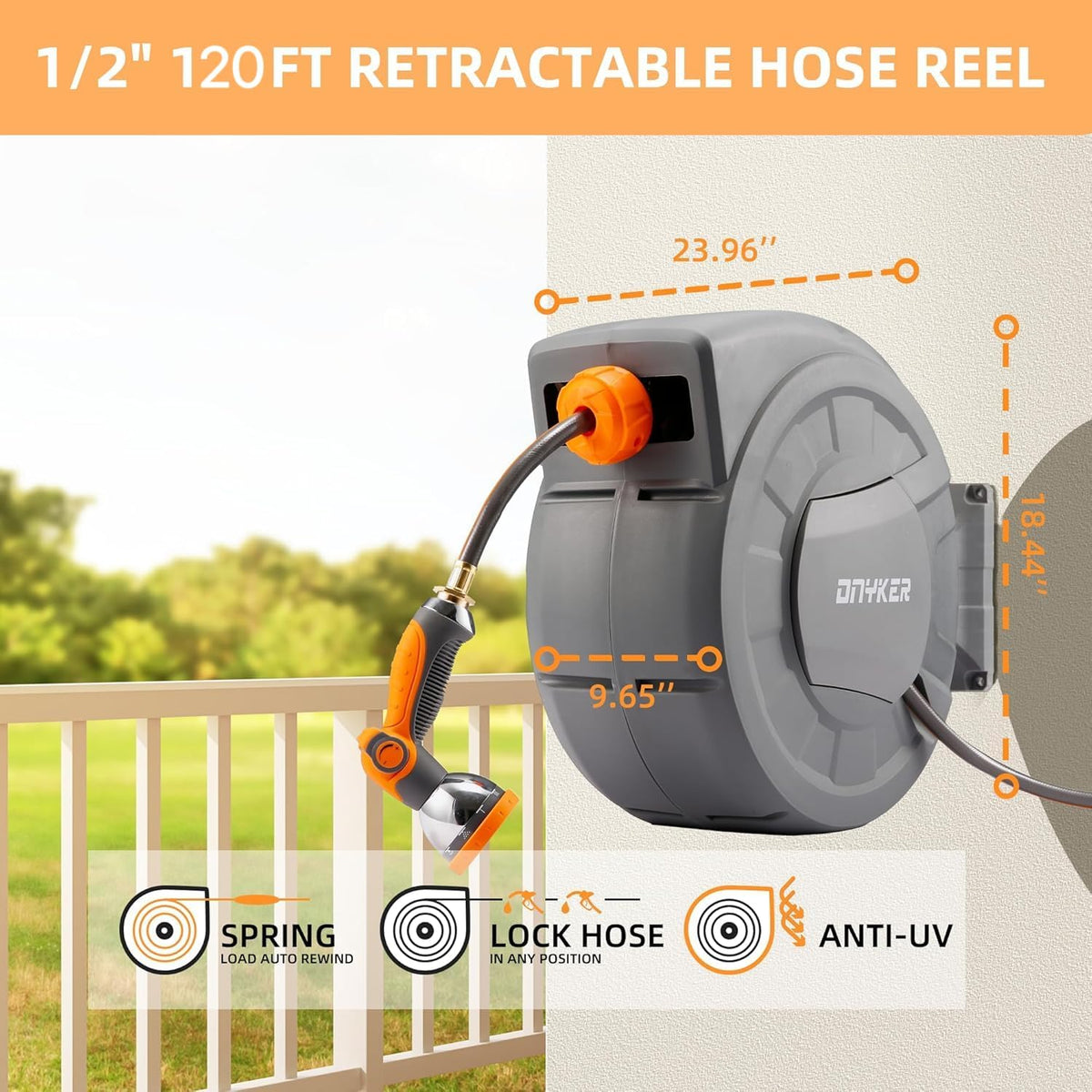 Retractable Garden Hose Reel, 1/2 inch x 100 ft Water Hose Reel Wall Mounted, Any Length Lock, Slow Auto-Rewind, 180°Swivel Bracket & 10 Pattern Nozzle