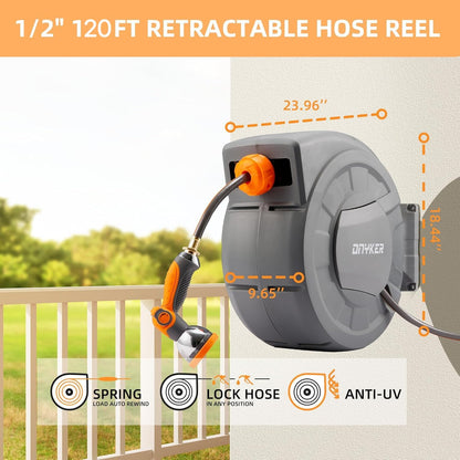 Retractable Garden Hose Reel, 1/2 inch x 100 ft Water Hose Reel Wall Mounted, Any Length Lock, Slow Auto-Rewind, 180°Swivel Bracket & 10 Pattern Nozzle