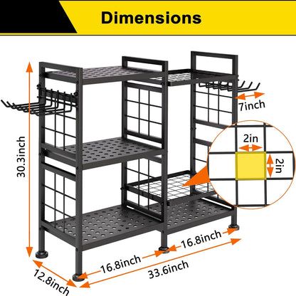 3 Tier Garden Tool Organizer, Garage Storage and Organization, Metal Yard Tools Storage up to 78 Tools, Heavy Duty Garden Tool Organizer for Garage, Yard, Patio, Shed, Indoors and Outdoors, Black