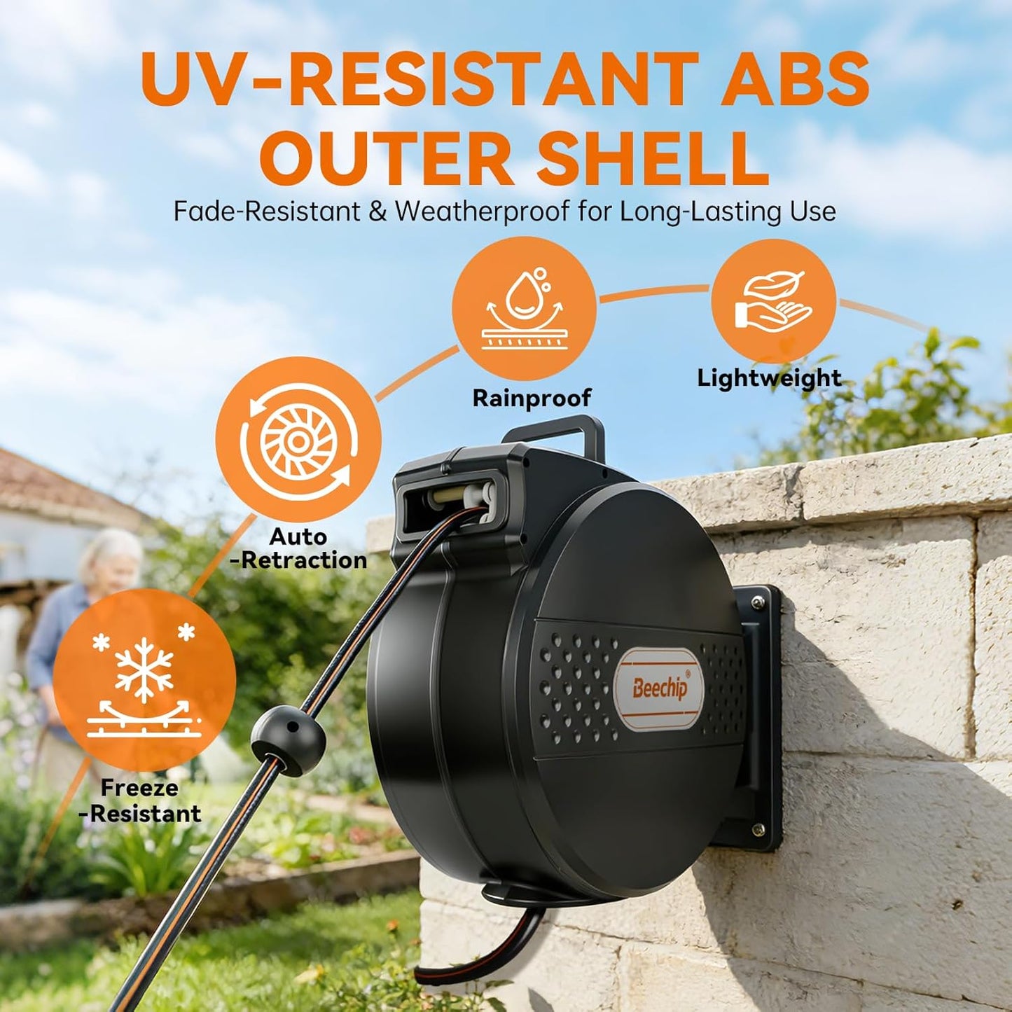 Retractable Garden Hose Reel, 1/2 in x 100 ft, Wall Mounted with 10-Function Nozzle, Any Length Lock & Slow Auto Rewind System, 180° Swivel Bracket, Black