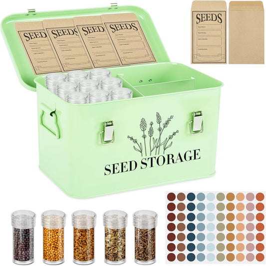 60 Slots Seed Storage Box with 4 Dividers, Metal Seed Storage Organizer Saving Box, Seeds Packet Container, Professional All-in-One Kit with 60 Seeds Envelopes and Label Stickers