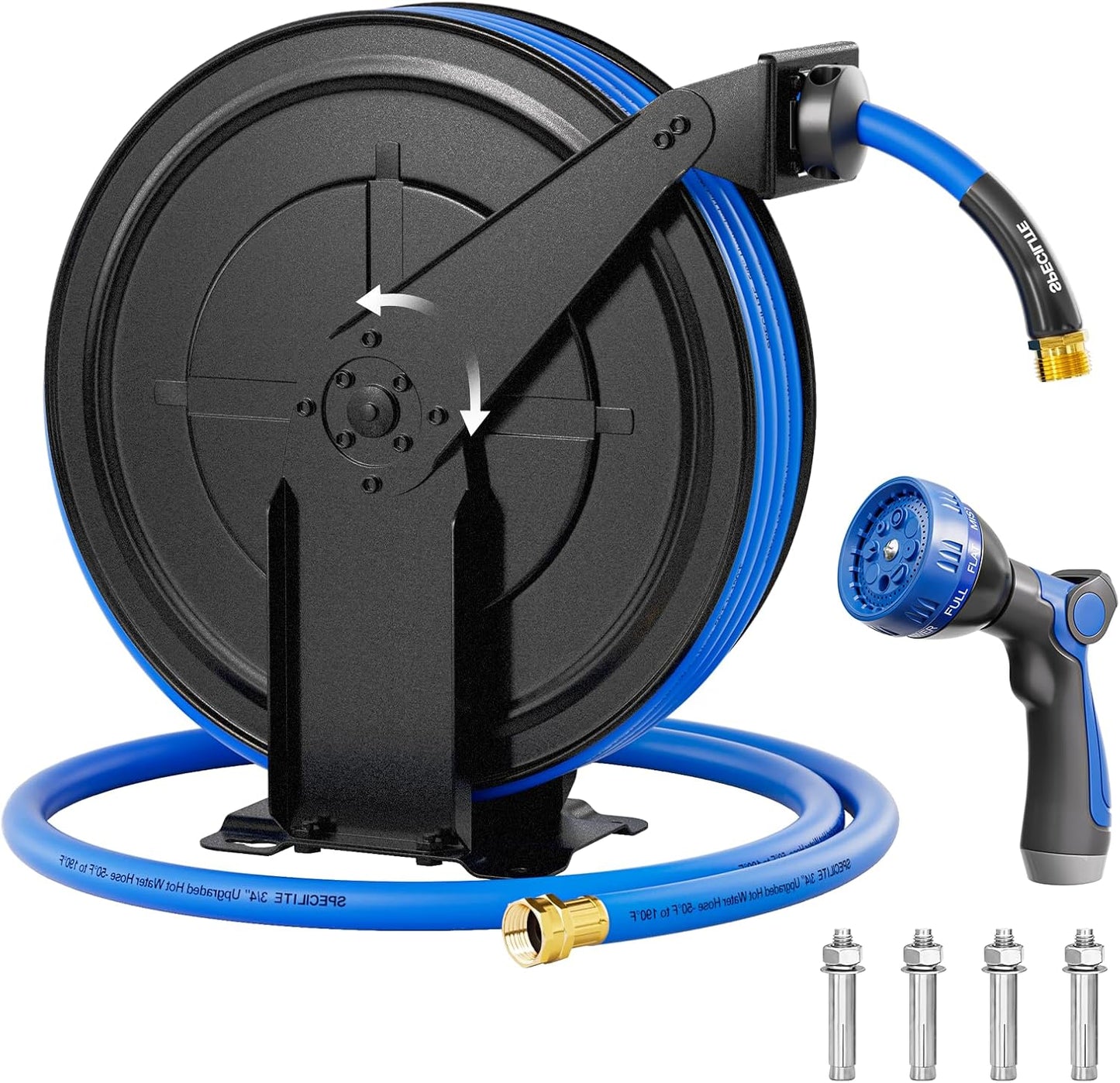 SPECILITE Hot/Cold Retractable Garden Hose Reel 50ft x 5/8'', -50℉ - 190 ℉, Wall Mount Water Pipe Spool, Heavy Duty, with 6ft Leader Hose, 8 Function Nozzle, for Backyard, Outdoor, Farm, Boat, Black