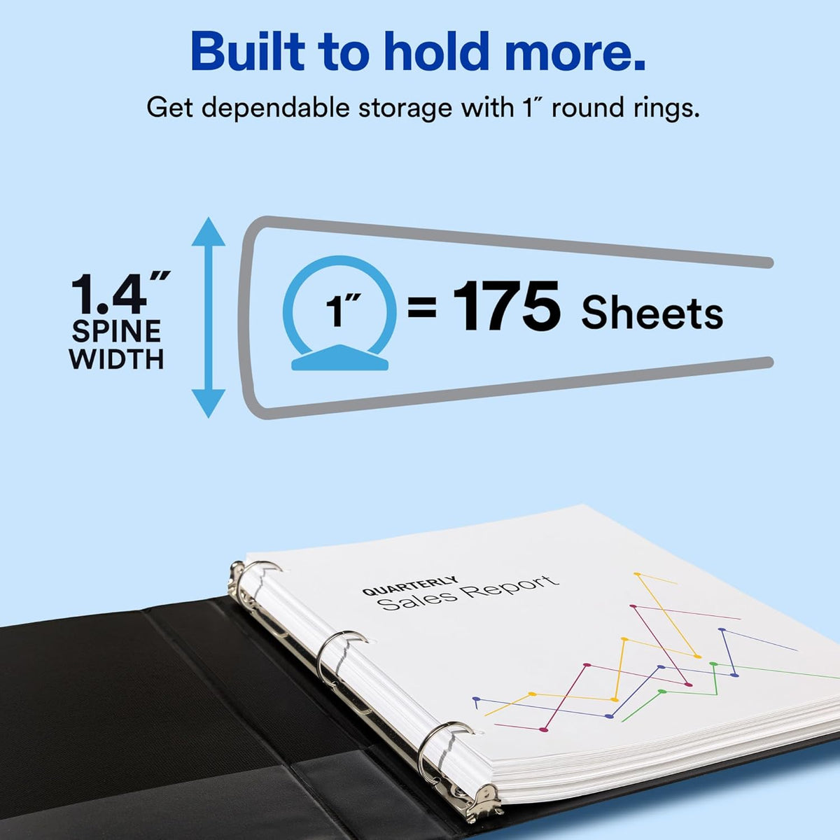 Avery Standard 3 Ring Binder, 1" Round Rings, 175-Sheet Capacity, 1.4 Inch Wide Spine, 1 Black Binder, Ideal for Lightweight Organization and Occasional Referencing (03301)