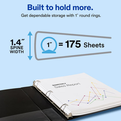 Avery Standard 3 Ring Binder, 1" Round Rings, 175-Sheet Capacity, 1.4 Inch Wide Spine, 1 Black Binder, Ideal for Lightweight Organization and Occasional Referencing (03301)