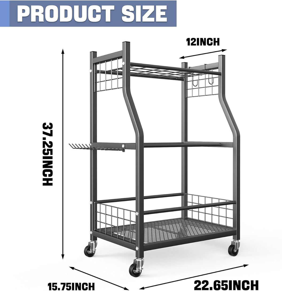 WALMANN Garden Tool Organizer with Wheels for Garage, Large Storage Capacity, Rakes/Shovels/Yard Tools Storage Stand for Shed, Garden, Indoor/Outdoor Long-Handled Tools Rolling Cart