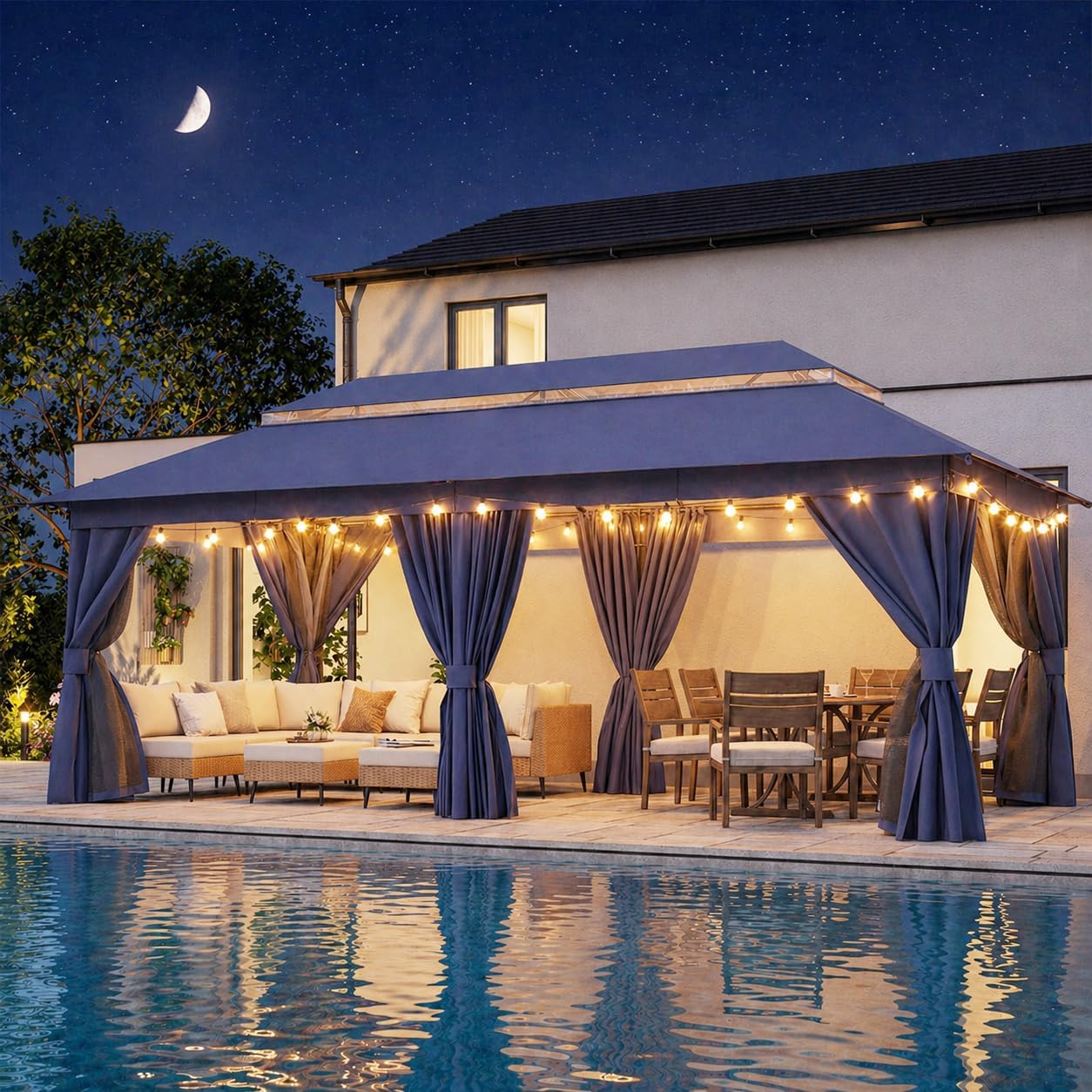 10x20 Gazebo Canopy with 100FT String Lights, Metal Heavy Duty Patio Canopy Tent with Double Roofs, Mosquito Nettings and Privacy Screens for Backyard, Garden, Lawn, Gray