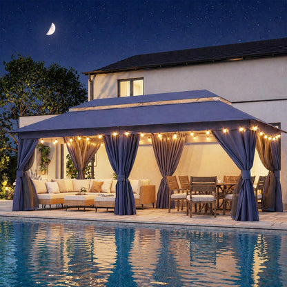 10x20 Gazebo Canopy with 100FT String Lights, Metal Heavy Duty Patio Canopy Tent with Double Roofs, Mosquito Nettings and Privacy Screens for Backyard, Garden, Lawn, Gray