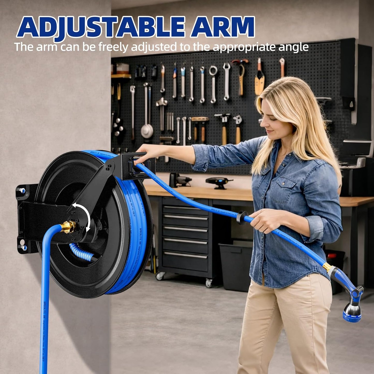 SPECILITE Hot/Cold Retractable Garden Hose Reel 50ft x 5/8'', -50℉ - 190 ℉, Wall Mount Water Pipe Spool, Heavy Duty, with 6ft Leader Hose, 8 Function Nozzle, for Backyard, Outdoor, Farm, Boat, Black