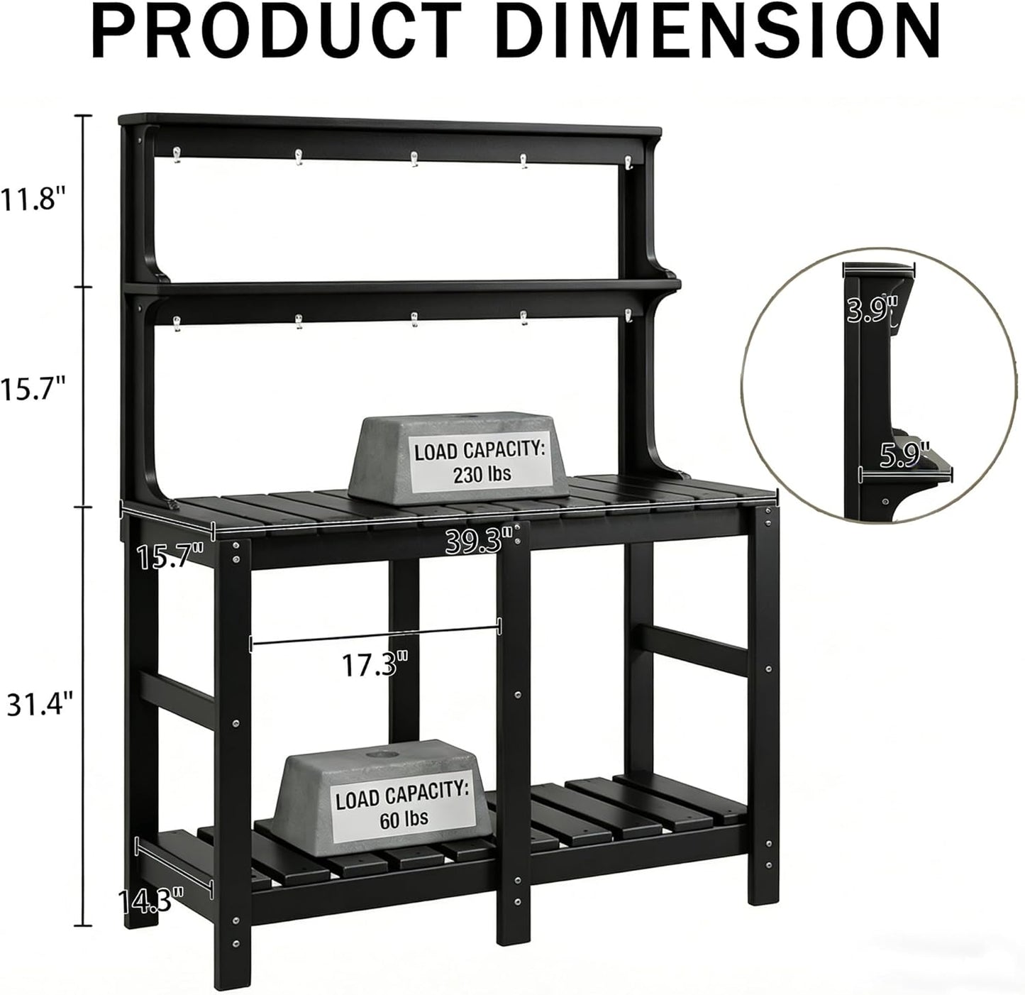 Outdoor Potting Bench with 3 Tier, All-Weather Patio Potting Table with Tool Hooks, HDPE Gardening Table for Backyard, Garden, Brown