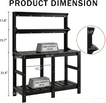 Outdoor Potting Bench with 3 Tier, All-Weather Patio Potting Table with Tool Hooks, HDPE Gardening Table for Backyard, Garden, Brown