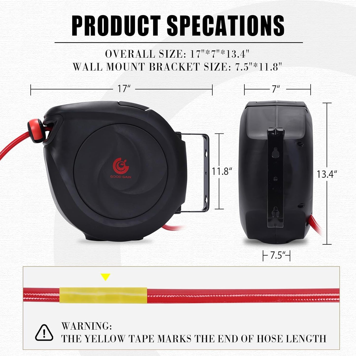 Air Hose Reel Retractable 3/8 in. x 50 ft Hybrid Polymer Hose, Retractable Auto-Rewind Enclosed Heavy Duty 180° Swivel Mount, Max 300PSI Commerical Polypropylene Grey