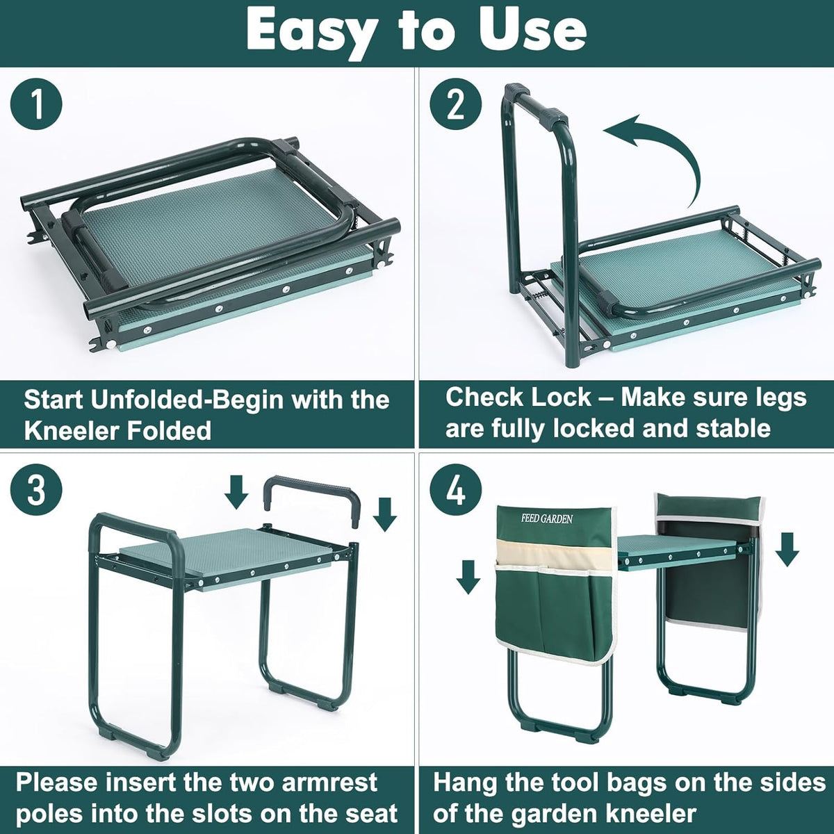 FEED GARDEN Garden Kneeler and Seat, Upgraded Foldable Gardening Stool with 10.23" Wide Kneeling Pad, Heavy Duty Gardening Bench Chair with 2 Tool Pouches, Gardening Gifts for Seniors Mom Women Men