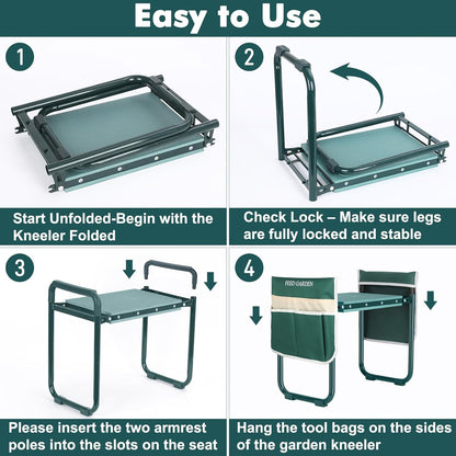 FEED GARDEN Garden Kneeler and Seat, Upgraded Foldable Gardening Stool with 10.23" Wide Kneeling Pad, Heavy Duty Gardening Bench Chair with 2 Tool Pouches, Gardening Gifts for Seniors Mom Women Men