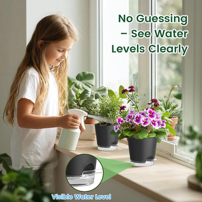 Meowell Self Watering Pots Pack of 6 – Different Size 4" to 7" Indoor Plant Pots with Drainage Holes and Clear Reservoir for Visible Water Level, Plastic Wicking Planters for House Plants, White
