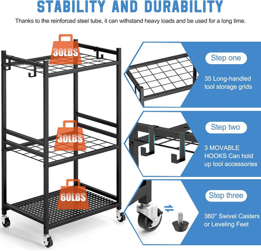 DAOUTIME Garden Organizer With Wheels, Yard Tower Rack for Garage Storage, Up to 35 Long-Handled Tools, Sturdy Metal Steel Holder With 3 Hooks, Outdoor, Black