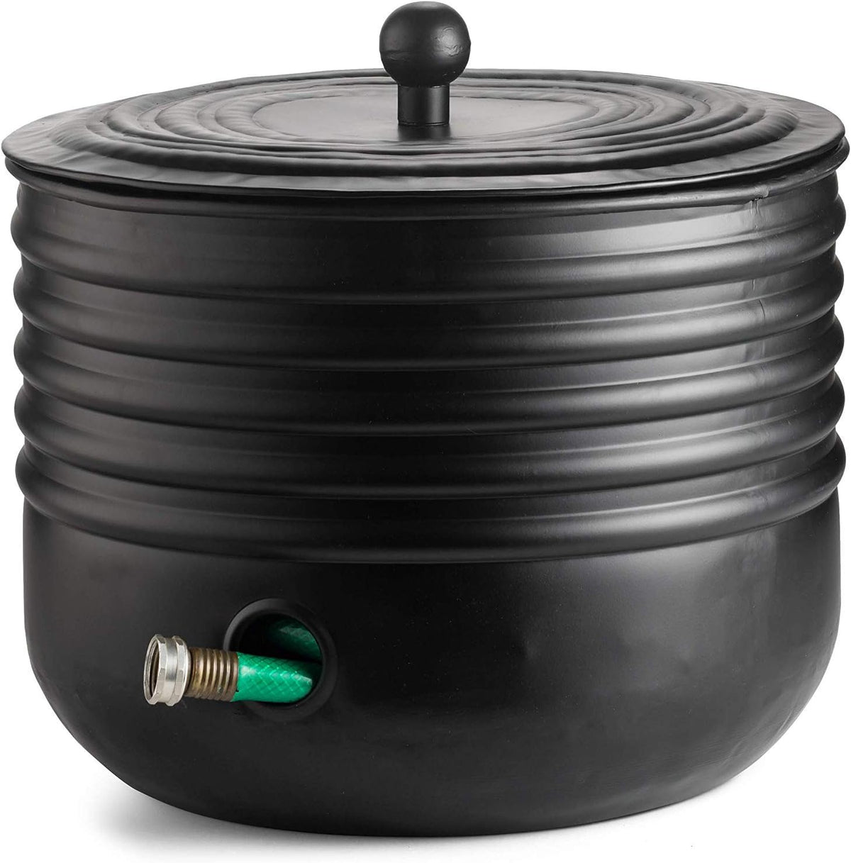 Ribbed Steel Garden Hose Pot Holder with Lid Black 16 x 12 Inches | Hose for Outside|Hose Pot Container (Magnetic Steel, Black)