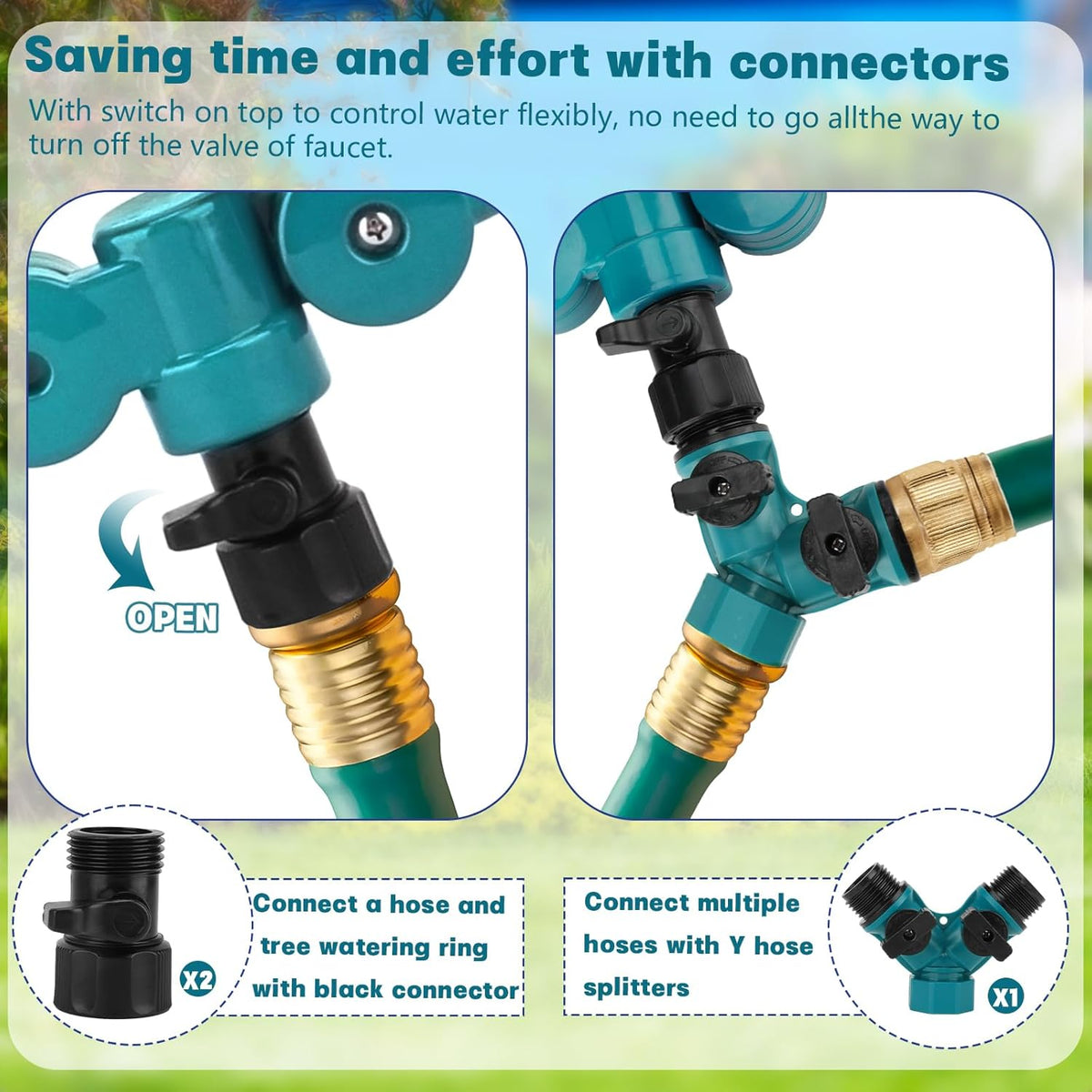 4 Pcs 360° Tree Water System Tree Root Watering Ring 13 Inch Circle Sprinkler Irrigation Slow Release Targeted Water with Y Hose Splitter for New Tree Outdoor Plants Raised Garden Beds (Green, Small)