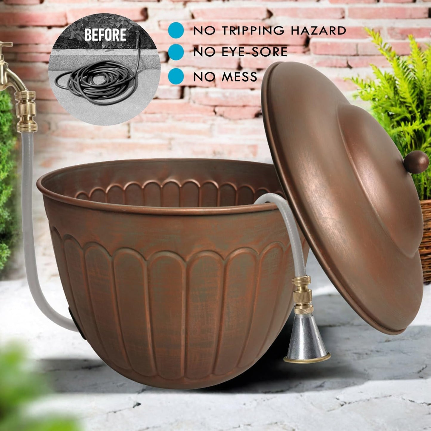 BSTGIFTS Garden Water Hose Holder - Decorative Metal Pot, Metal Hose Storage Pot, Garden Storage Organizer, Patio Portable Bucket - Antique Copper Accents, Holds up to 100ft Hoses (Embossed)