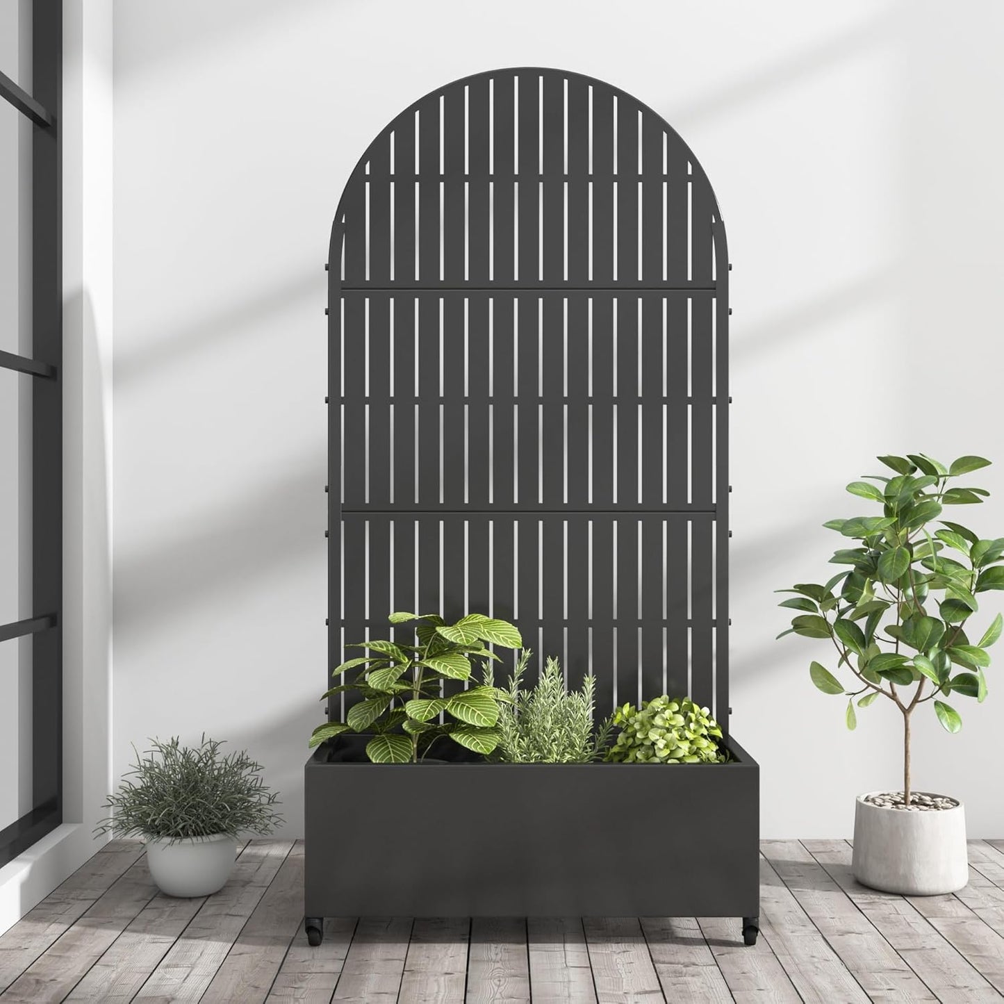 Casaphoria Metal Raised Garden Bed with Trellis and Wheels, 72"x47"x16" Planter Box for Climbing Plants, Vegetables & Vines, Features Drainage Holes and Privacy Screen (Black-Louver) - Colors A