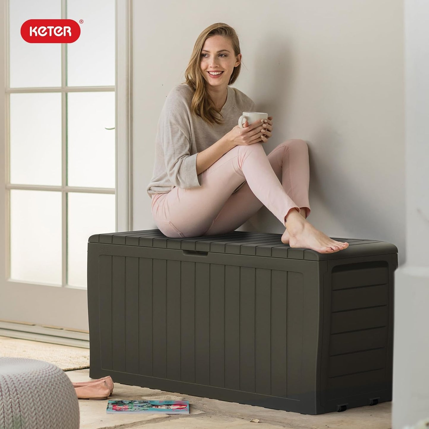 Keter Marvel Plus 71 Gallon Resin Outdoor Storage Box for Patio Furniture Cushions, Throw Pillows, Garden Tools and Pool Floats, Brown
