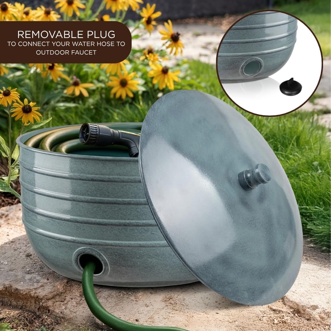Monarch Abode Garden Hose Holder with Lid – Decorative Water Hose Holders for Outside, Border Embossed Metal Patina Pot with Drainage, 100ft Waterhose Holder for Outside, Garden Storage Caddy