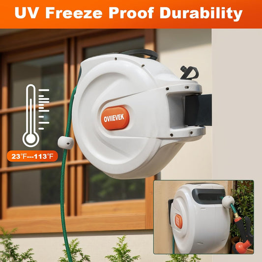 Retractable Garden Hose Reel,1/2 Inch x 100ft Wall Mounted Hose Wall,180° Swivel Bracket,With Built-in Nozzle,Slow Retraction Any Length Lock.