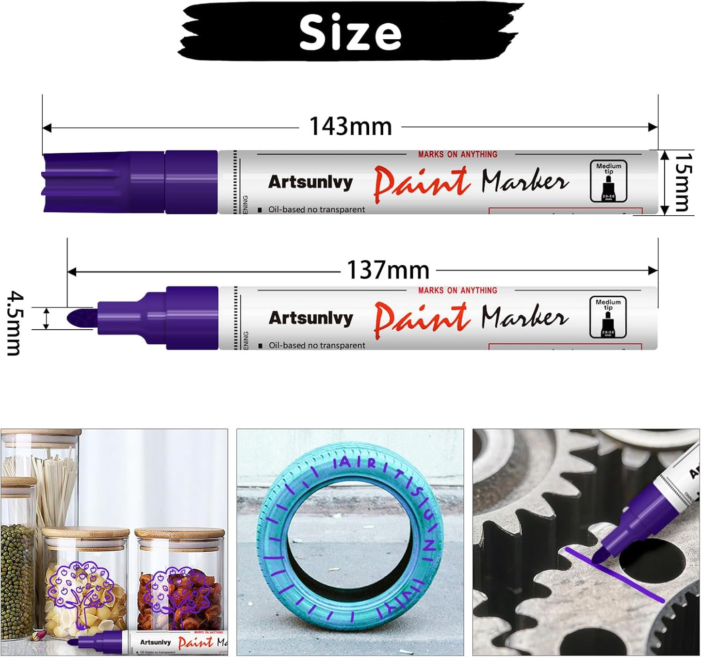 Artsunlvy White Paint Pens marking pens Permanent Markers - 2 Pack Oil Based Waterproof Markers for Tire, Rubber,Wood, Rocks, Metal, Canvas,Plastic, Dark Surface,Craft office Supplies,Medium Point