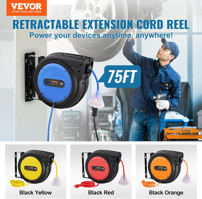 65FT Retractable Extension Cord Reel, Heavy Duty 12AWG/3C SJTOW Cord