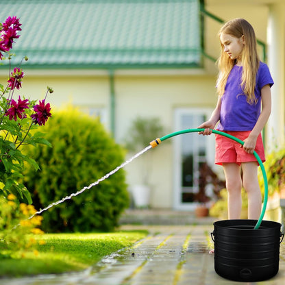 FillTouch Garden Hose Pot with Lid and Handle, Matte Black Ribbed Steel Garden Hose Holder Water Hose Storage Container for Outside Backyard Patio, Holds 100ft Hose
