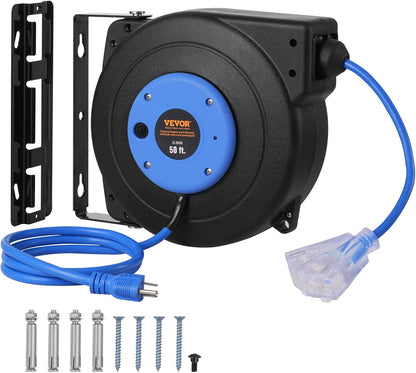 65FT Retractable Extension Cord Reel, Heavy Duty 12AWG/3C SJTOW Cord