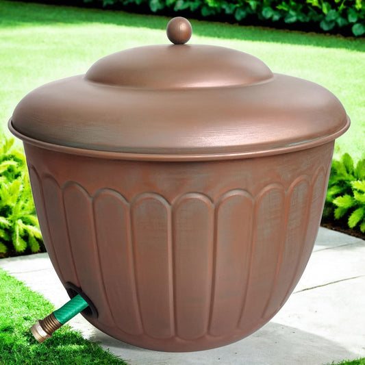 BSTGIFTS Garden Water Hose Holder - Decorative Metal Pot, Metal Hose Storage Pot, Garden Storage Organizer, Patio Portable Bucket - Antique Copper Accents, Holds up to 100ft Hoses (Embossed)