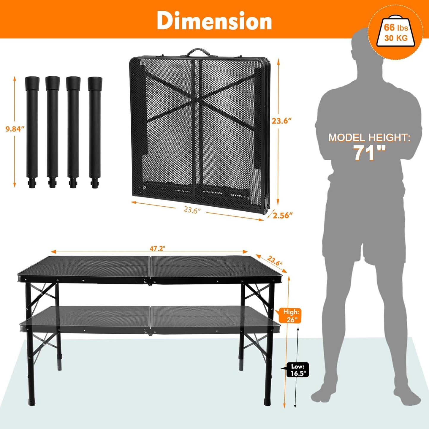 2Ft Small Folding Table with Carry Handle, Camping Table Adjustable Height 10.6–22 in, Black Metal Mesh, Portable & Compact for Outdoor/Indoor,Grill Table, 23.6×15.8 in, 4 lb, 66 lb Capacity