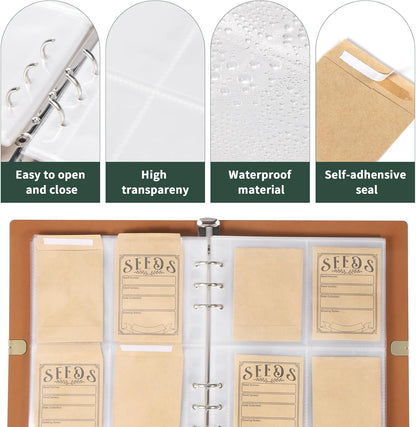 Garden Seed Storage Organizer Binder - 150 Resealable Seed Envelopes Brown Shell with 40 Sheet Protectors for Efficient Seed Packet Organization - Brown