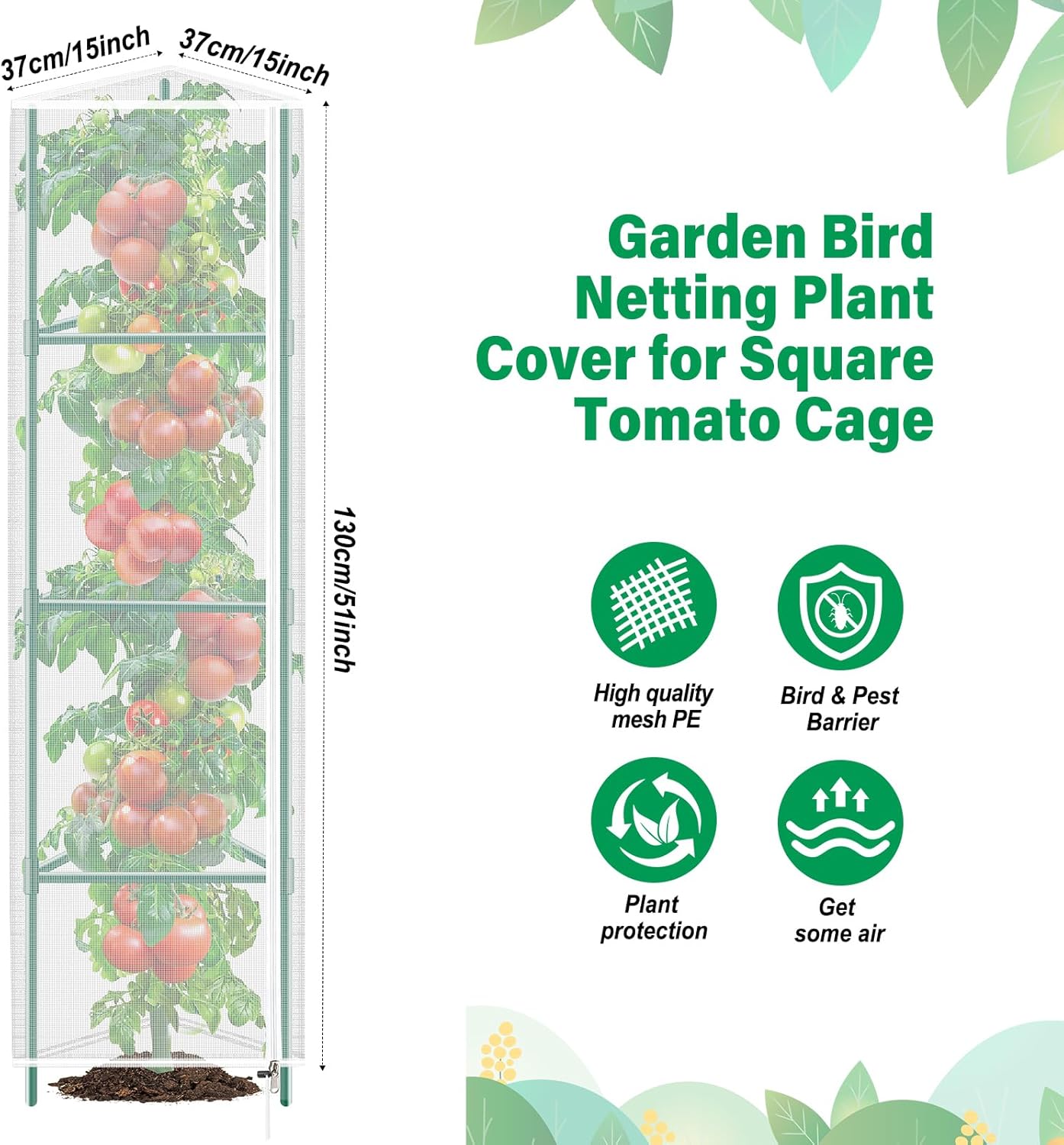 3 Pack Garden Bird Netting Plant Cover for Round Tomato Cage, 61"x13" Insect Bird Barrier Tomato Cage Net with Zipper & Drawstring, Tomato Trellis Netting Protection Cover for Protecting Plants