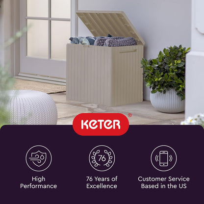 Keter City 30 Gallon Resin Outdoor Storage Box and Patio Furniture Side Table for Pool and Garden Accessories, Brown