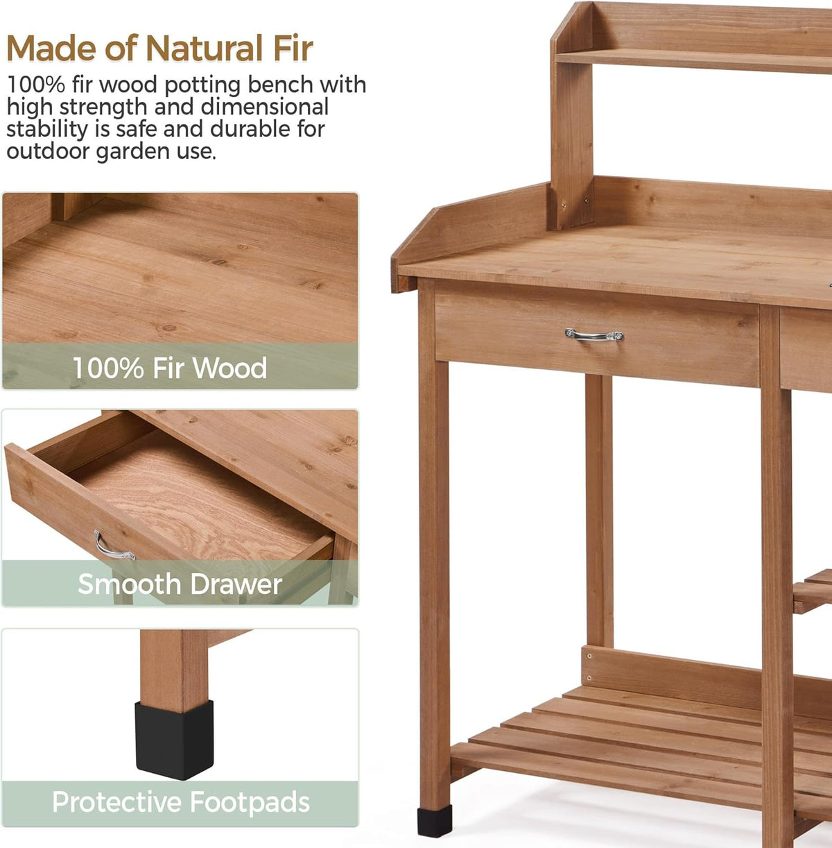 Yaheetech Potting Bench Outdoor Garden Work Bench Station Planting Solid Wood Construction for Horticulture w/Sink Drawer Rack Shelves Natural Wood