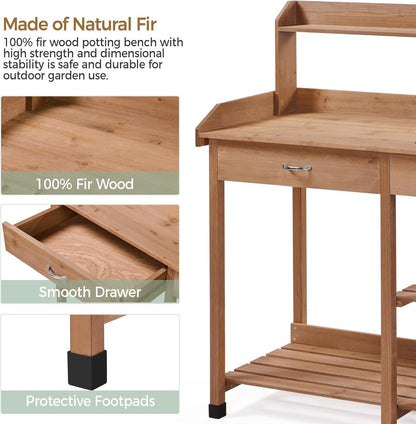 Yaheetech Potting Bench Outdoor Garden Work Bench Station Planting Solid Wood Construction for Horticulture w/Sink Drawer Rack Shelves Natural Wood
