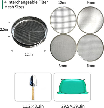 Soil Sifter for Gardening, 12 Inch Stainless Steel Soil Sifter with 4 Replaceable Fine Screens and Shovel, Sieve for Sand Rocks Dirt Compost