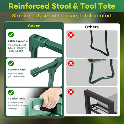 Saker Garden Kneeler and Seat Foldable Gardening Stool with Extendable Legs & Thickened Pad, Tool/Storage Bag, Heavy Duty 400lbs Support for Elderly, Gardening, Outdoor Use