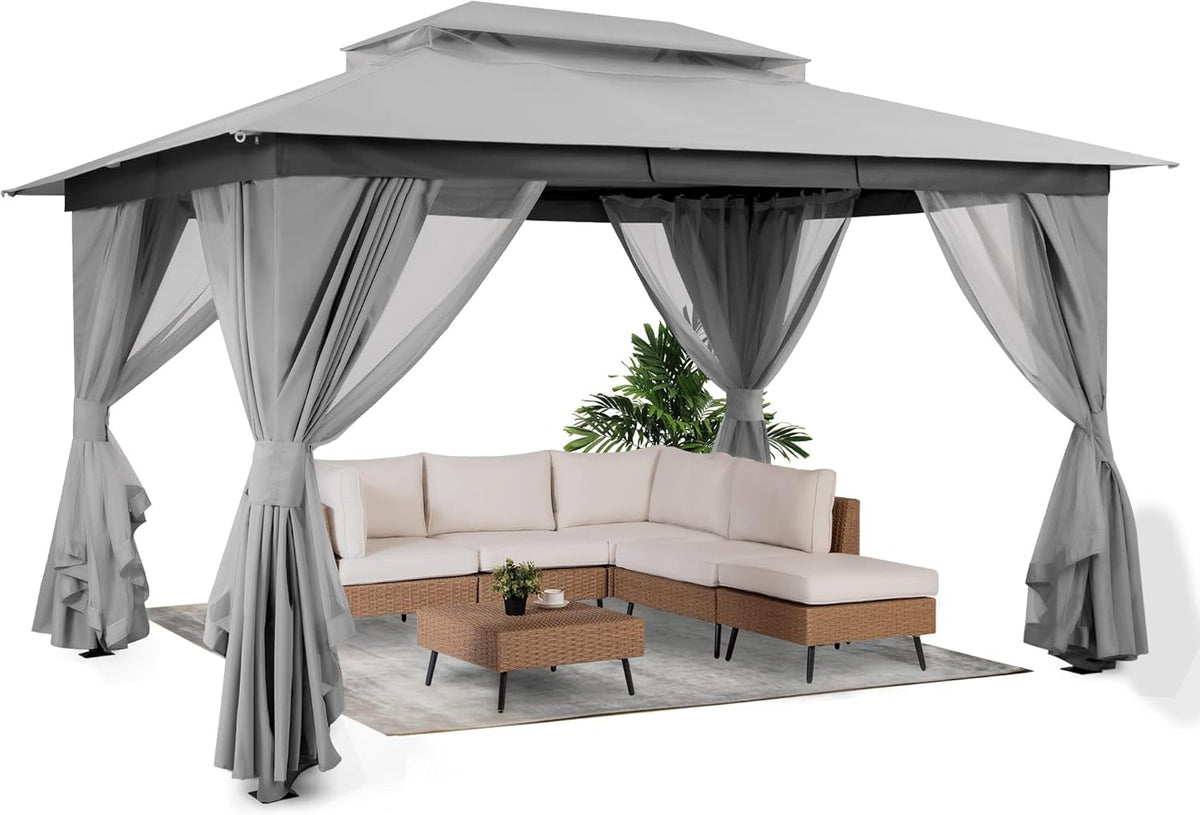 10x20 Gazebo Canopy with 100FT String Lights, Metal Heavy Duty Patio Canopy Tent with Double Roofs, Mosquito Nettings and Privacy Screens for Backyard, Garden, Lawn, Gray