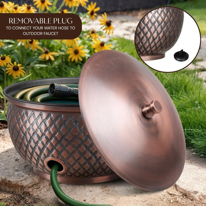 Monarch Abode Garden Hose Holder with Lid – Decorative Water Hose Holders for Outside, Diamond Embossed Metal Patina Pot with Drainage, 100ft Waterhose Holder for Outside, Garden Storage Caddy