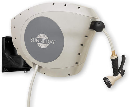 Sunneday 82ft Retractable Hose Reel 1/2 | Automatic Retractable Hose Reel w/Wall Mount | Easy to Assemble Water Hose Reel w/Flexible Swivel Mount | Retractable Garden Hose Reel (85ft. Tan/Gray)