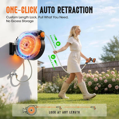 Retractable Garden Hose Reel 1/2" 100ft, 2-in-1 Wall Mount & Portable Auto Rewind Water Hose Reel with Any Length Lock & 180° Swivel, Heavy Duty Outdoor Hose Storage for Garden, Patio and Car Washing