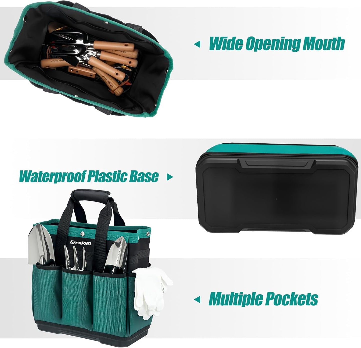 GrenPRO Garden Tool Bag Molded Bottom, Heavy Duty Tool Tote Toolbox with 10 Pockets, Reinforced & Top Snap Closure for Gardening Tools Storage, Dark Green(Tools Not Included)