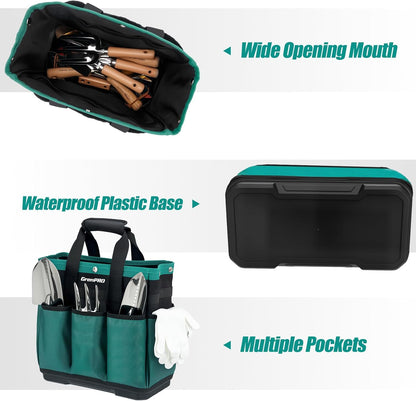 GrenPRO Garden Tool Bag Molded Bottom, Heavy Duty Tool Tote Toolbox with 10 Pockets, Reinforced & Top Snap Closure for Gardening Tools Storage, Dark Green(Tools Not Included)